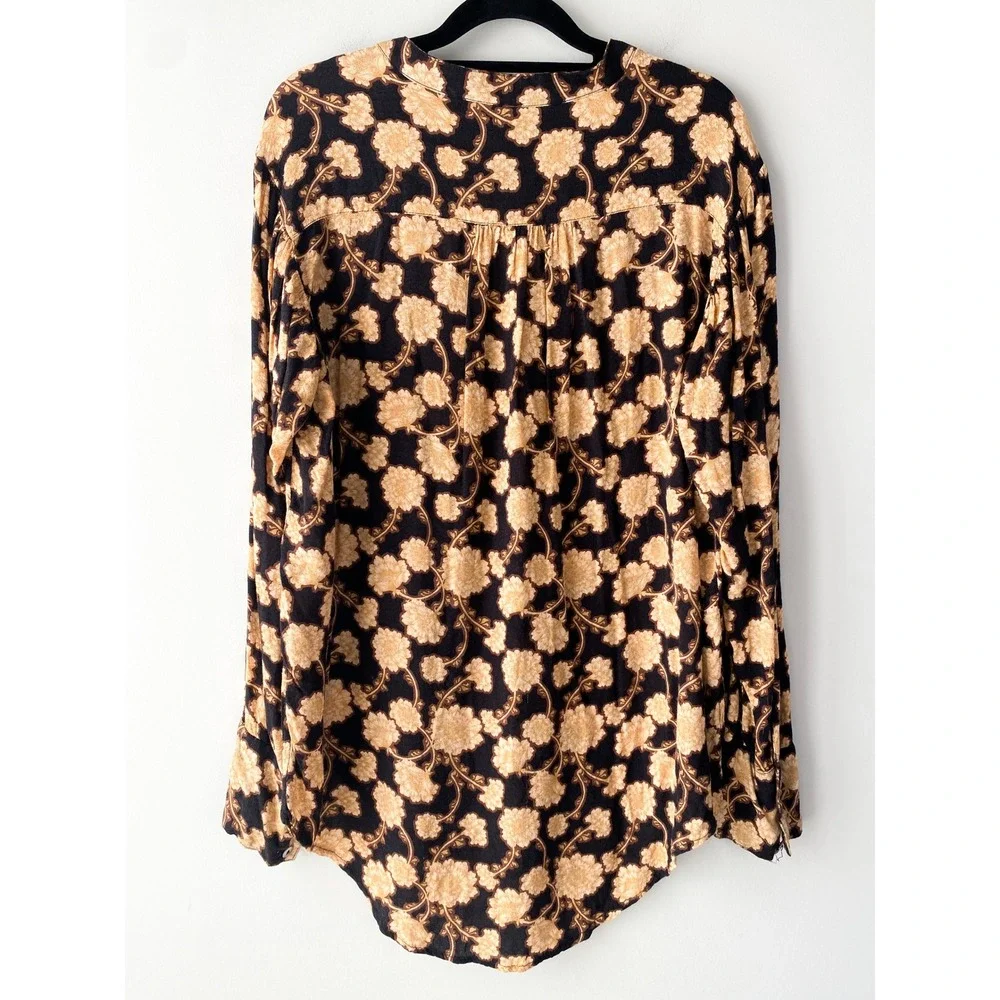 Free People Mia‎ Floral Tunic Top S Peasant Black Brown Boho Festival Oversized